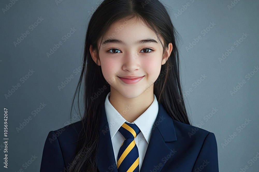 Studio portrait of an Asian girl wearing a school uniform with navy blazer Studio portrait of an Asian girl wearing a school uniform with navy blazer