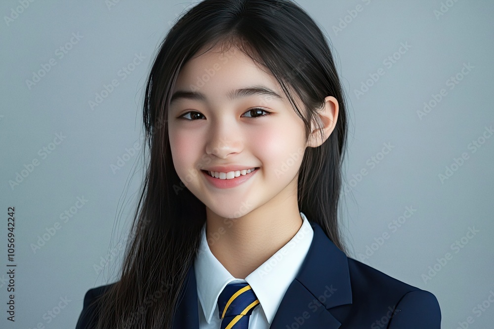 Studio portrait of an Asian girl wearing a school uniform with navy blazer Studio portrait of an Asian girl wearing a school uniform with navy blazer
