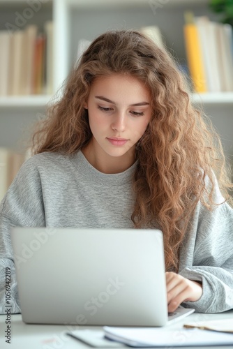 A woman with long hair is sitting at a desk and using a laptop