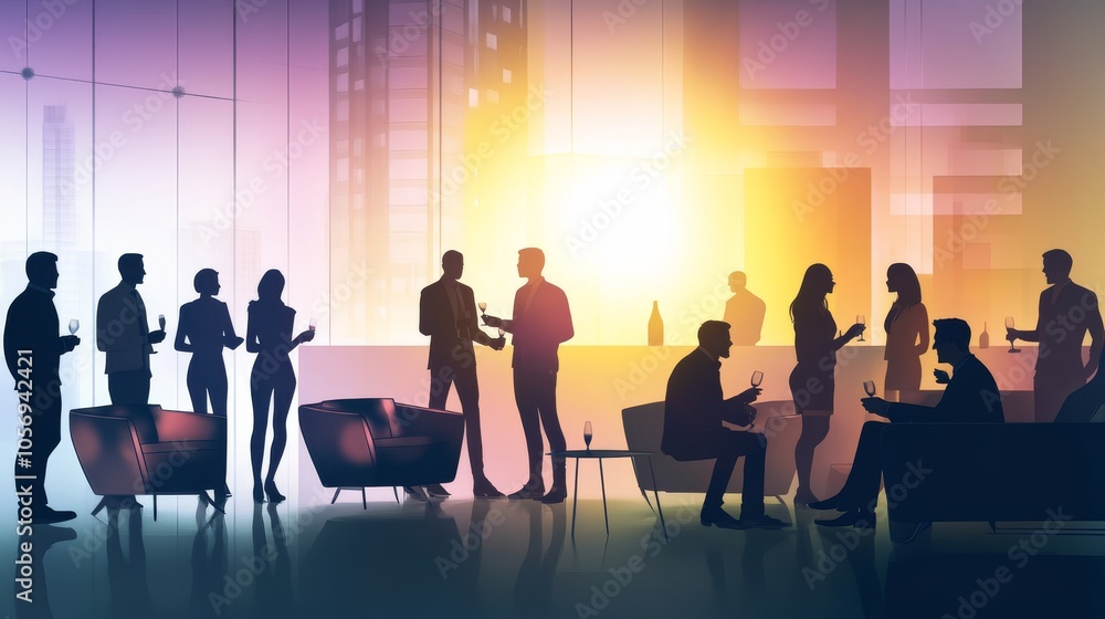 Fototapeta premium A vibrant social gathering featuring silhouettes of people mingling against a backdrop of soft, colorful light.
