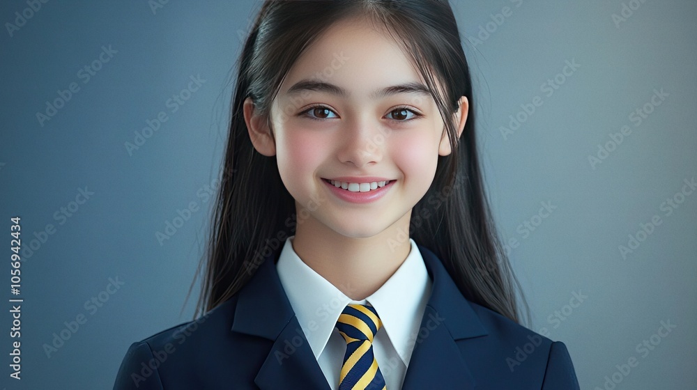 Studio portrait of an Asian girl wearing a school uniform with navy blazer Studio portrait of an Asian girl wearing a school uniform with navy blazer
