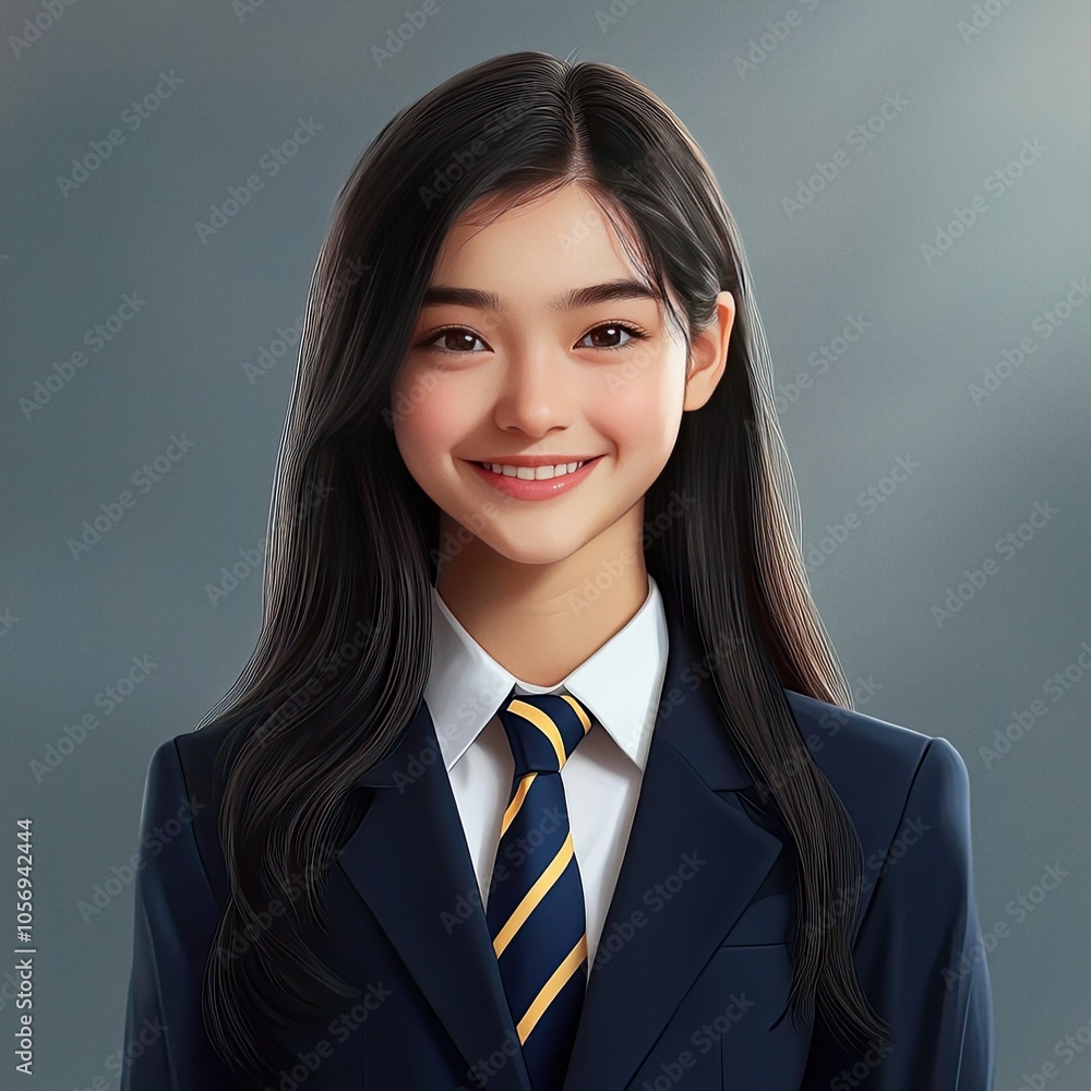 Studio portrait of an Asian girl wearing a school uniform with navy blazer
