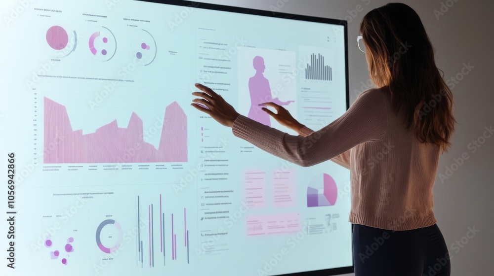 A woman interacts with a digital display showcasing colorful data visualizations and statistics for analysis and presentation. A woman interacts with a digital display showcasing colorful data visualizations and statistics for analysis and presentation.