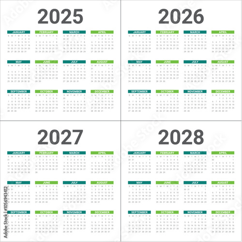 2025 2026 2027 2028 year calendar vector design template