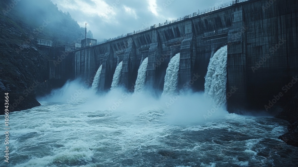 Concrete Dam Releasing Water Into Raging River Concrete Dam Releasing Water Into Raging River