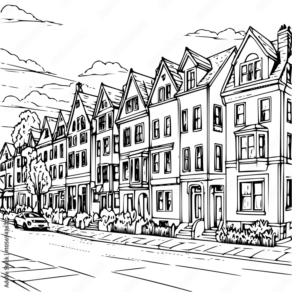 Obraz premium Black and white vector illustration of row houses