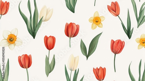 Wallpaper Mural Watercolor Tulips and Daffodils on Light Background Torontodigital.ca