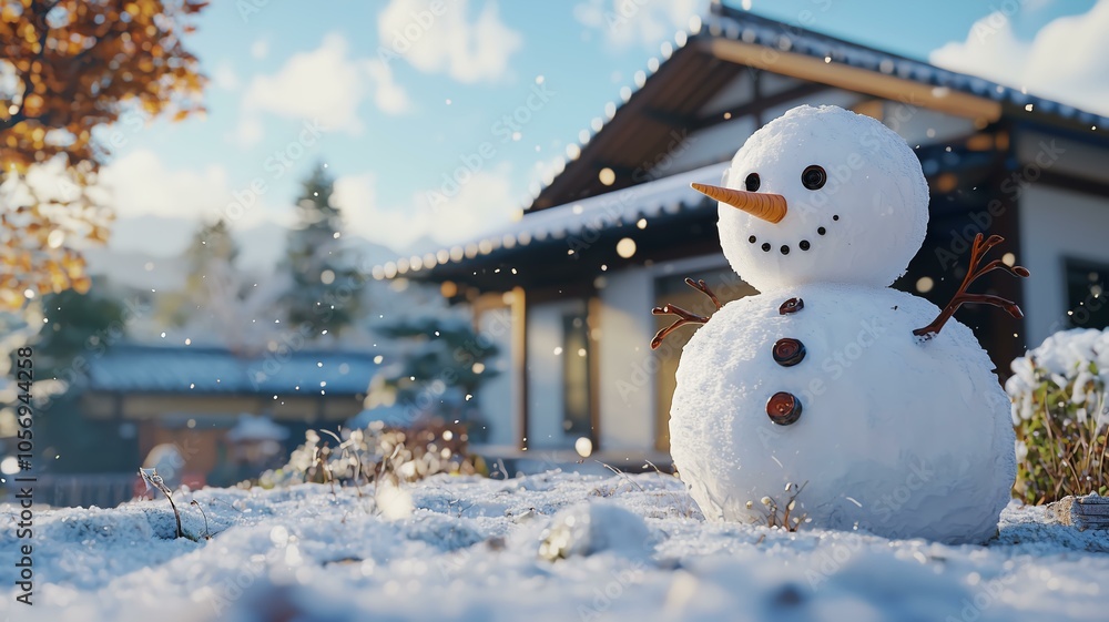 Obraz premium 日本の家の庭で作られた雪だるま
