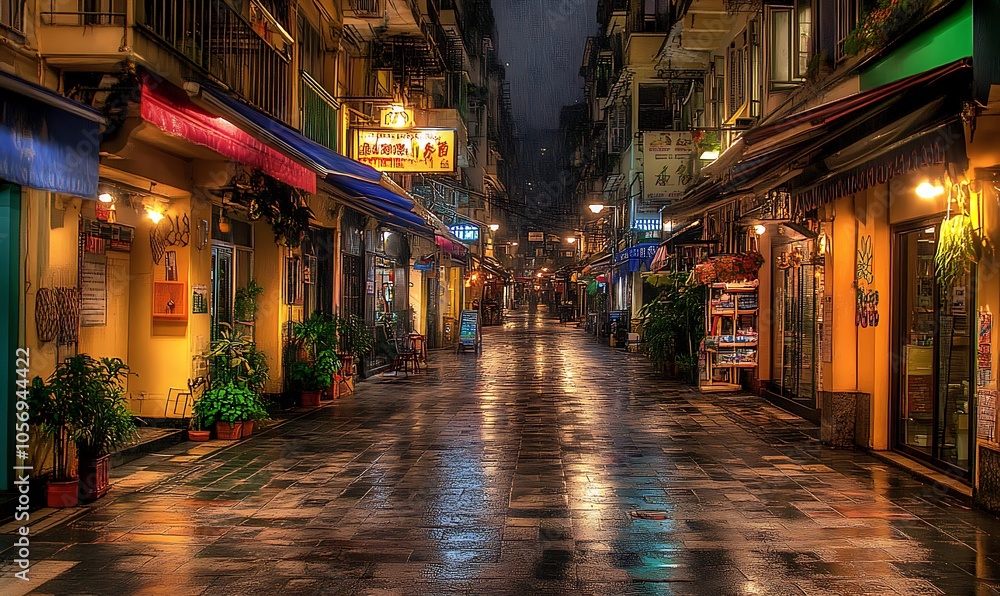 A serene, rain-soaked street lined with colorful shops and plants, evoking a peaceful atmosphere. A serene, rain-soaked street lined with colorful shops and plants, evoking a peaceful atmosphere.