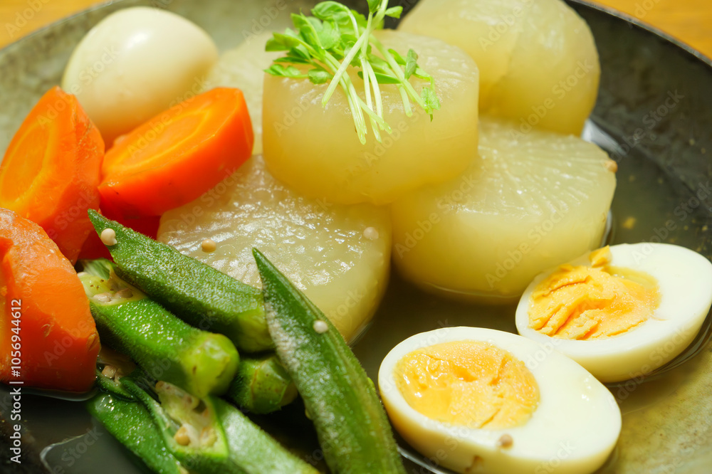 Boiled food, using vegetables such as radish, carrots, okra, etc. and eggs as ingredients, traditional Japanese home cooking Boiled food, using vegetables such as radish, carrots, okra, etc. and eggs as ingredients, traditional Japanese home cooking