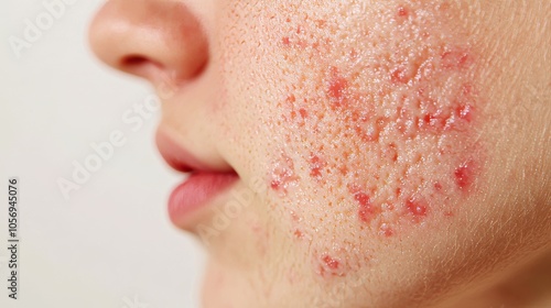 close-up of a red, textured surface on a woman's face, highlighting skin imperfections and beauty lighting in a side view, focusing on the skincare concept and showcasing a textured surface against 