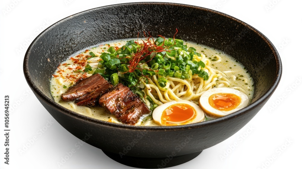 A bowl of ramen soup with meat and eggs A bowl of ramen soup with meat and eggs