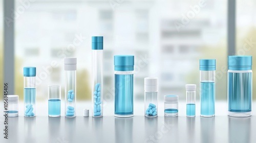 Assorted glass vials with blue lids containing pills and liquids, perfect for medical or pharmaceutical themes.