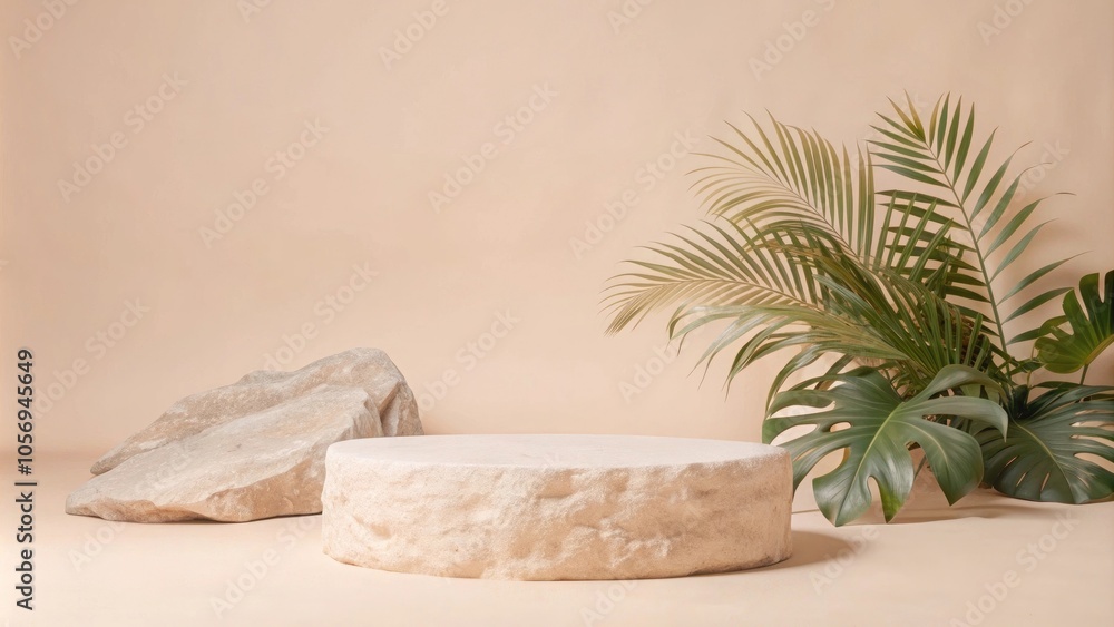 Natural stone display with lush green leaves against a soft beige background, perfect for showcasing products or plants. Natural stone display with lush green leaves against a soft beige background, perfect for showcasing products or plants.