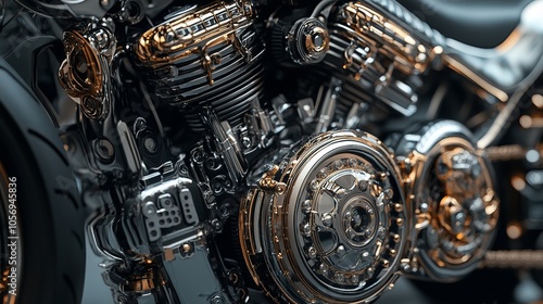 Intricately detailed shot of a metallic engine component, featuring polished surfaces and robust construction, representing power and engineering excellence.