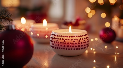 A decorative candle with intricate red dot patterns, glowing warmly amidst festive Christmas decorations, casting a cozy and inviting atmosphere on a wooden table.