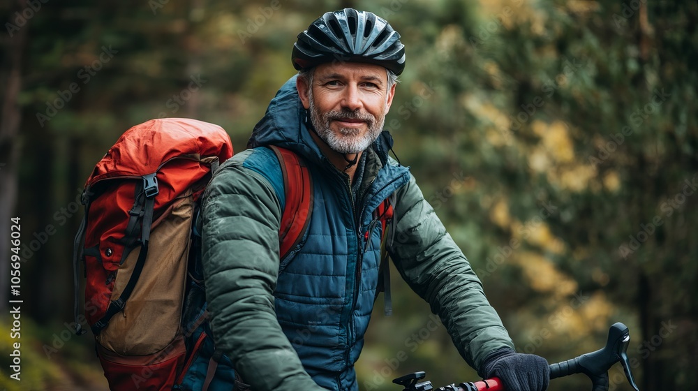 An adventurer rides through a lush forest, wearing a helmet and a colorful backpack, embodying the spirit of exploration and the joy of the great outdoors. An adventurer rides through a lush forest, wearing a helmet and a colorful backpack, embodying the spirit of exploration and the joy of the great outdoors.