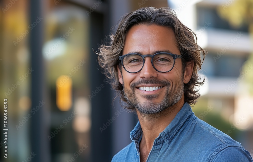 A portrait of an attractive man in his late thirties, smiling and wearing glasses with shoulder-length hair and a blue shirt, standing outdoors against the backdrop of modern architecture A portrait of an attractive man in his late thirties, smiling and wearing glasses with shoulder-length hair and a blue shirt, standing outdoors against the backdrop of modern architecture