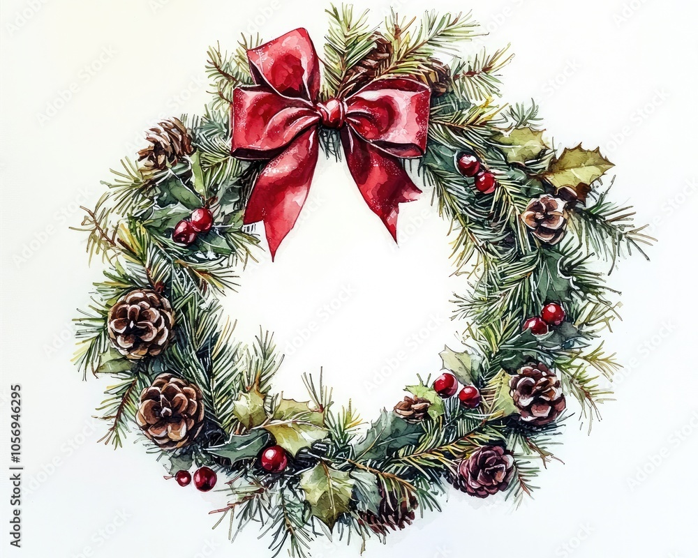 Watercolor Christmas wreath with a red bow and pine cones on white background Watercolor Christmas wreath with a red bow and pine cones on white background