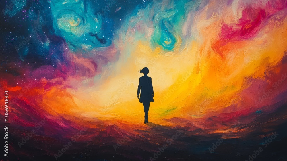 Woman Silhouette Walking Towards a Colorful Sky Woman Silhouette Walking Towards a Colorful Sky