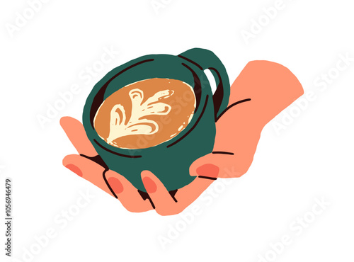 Woman holds pottery cup of milk coffee with pattern on cream foam. Female hand with mug of cappuccino, warm beverage. Teacup of hot drink, latte. Flat isolated vector illustration on white background