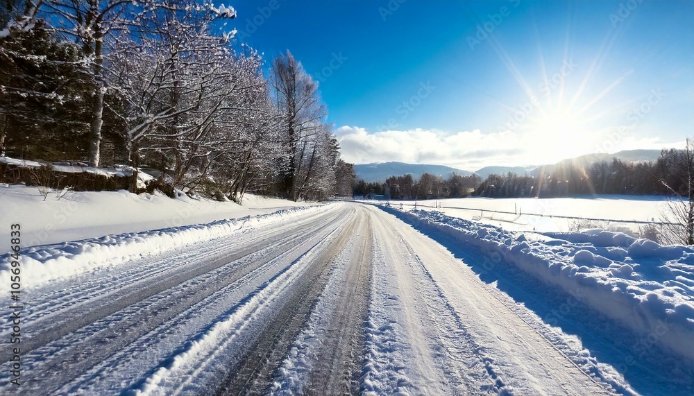 Obraz premium 冬に雪が降り積もる車道 交通 AI生成素材