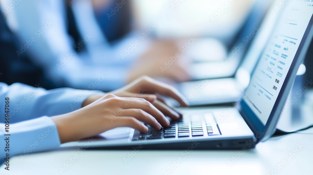 Close-up of hands typing on a laptop, showcasing productivity and technology in a work environment. Close-up of hands typing on a laptop, showcasing productivity and technology in a work environment.