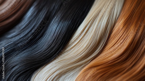 A variety of hair color samples showing a range of natural and dyed tones from black and blonde to rich auburn, reflecting diverse stylistic choices.