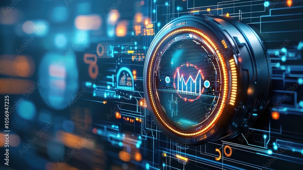 A computer screen with a glowing circle with a red and yellow line in the middle A computer screen with a glowing circle with a red and yellow line in the middle