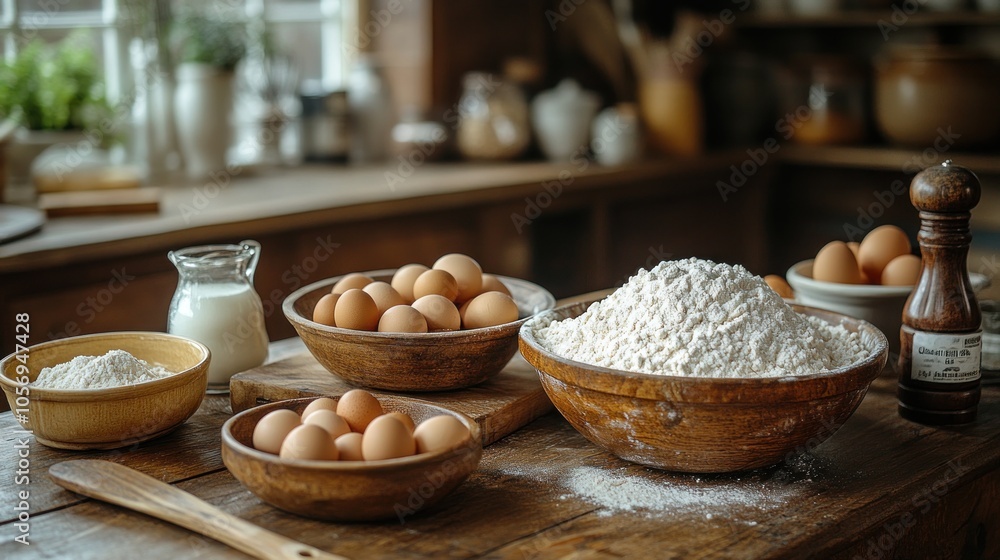 Fototapeta premium Ingredients for baking with eggs, flour, and milk in a rustic kitchen.