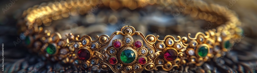 An ornate, antique gold necklace, with delicate filigree work and sparkling gemstones An ornate, antique gold necklace, with delicate filigree work and sparkling gemstones