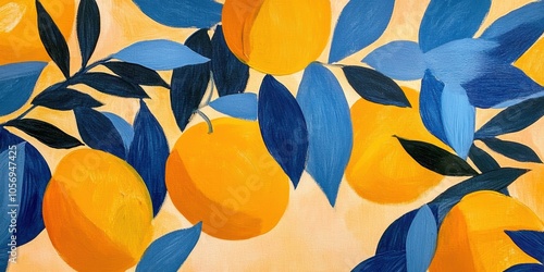 Abstract painting of oranges and leaves.