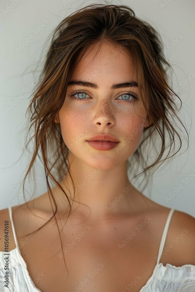 A woman with brown hair and blue eyes is wearing a white dress A woman with brown hair and blue eyes is wearing a white dress