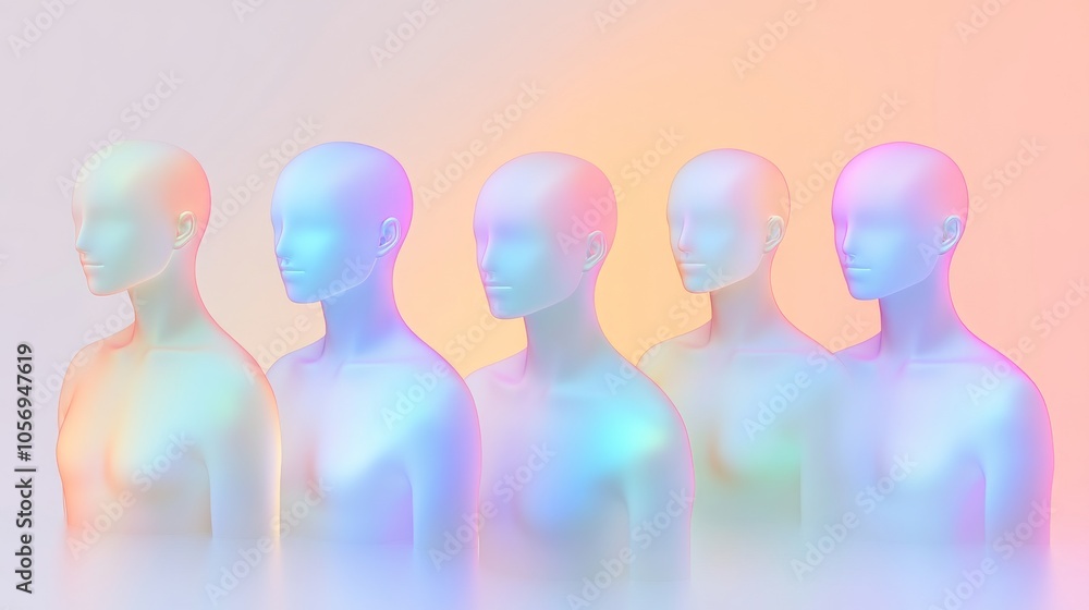 Colorful abstract mannequins displayed in a line, showcasing modern design and creativity with vibrant hues and smooth textures. Colorful abstract mannequins displayed in a line, showcasing modern design and creativity with vibrant hues and smooth textures.