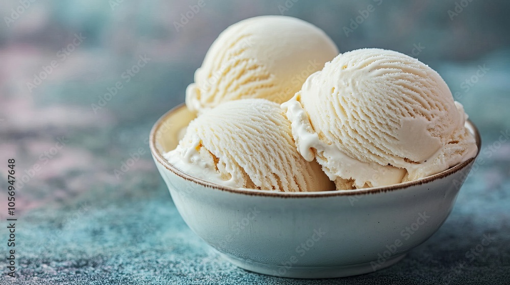 A delightful image featuring three scoops of creamy vanilla ice cream nestled in a ceramic bowl on a textured background, evoking a sense of indulgence and sweetness. A delightful image featuring three scoops of creamy vanilla ice cream nestled in a ceramic bowl on a textured background, evoking a sense of indulgence and sweetness.