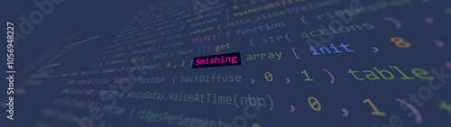 Cyber attack smishing text in foreground screen, hands of a anonymous hacker on a led keyboard. Vulnerability text in informatic system style, code on editor screen.,English language,text in English