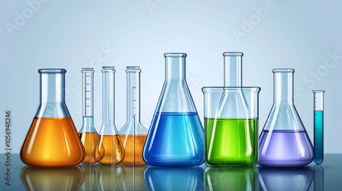 Colorful laboratory glassware filled with liquids, showcasing various chemicals in a science-themed setting.