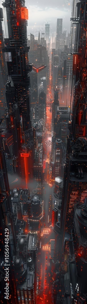 Capture a dystopian cityscape from a high-angle perspective Capture a dystopian cityscape from a high-angle perspective