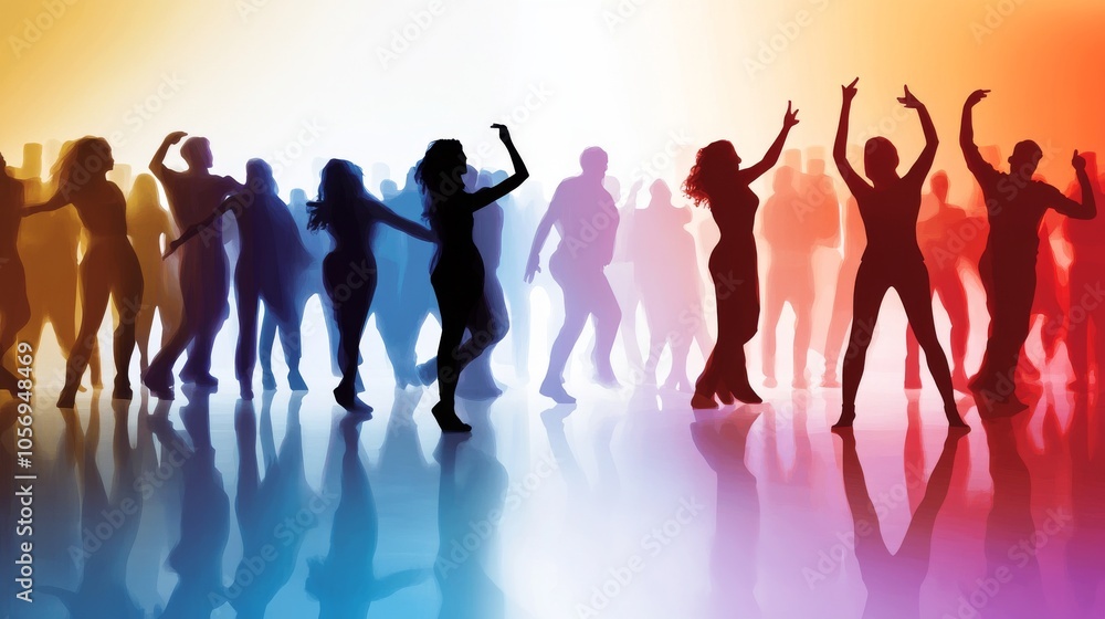 Fototapeta premium Colorful silhouettes of dancers enjoying a vibrant night at a party, reflecting joy and energy with bright hues in the background.