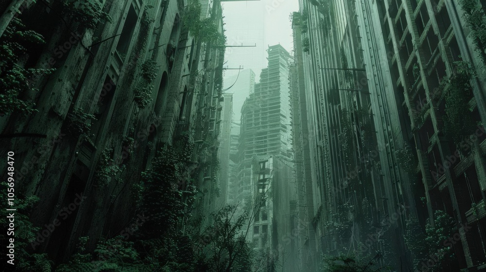 Capture a dystopian cityscape from a low angle Capture a dystopian cityscape from a low angle