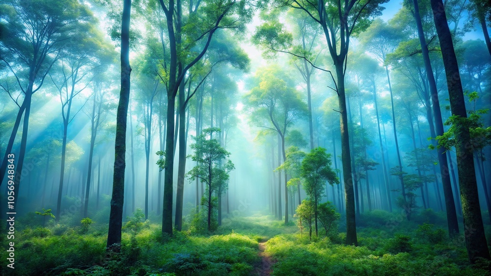 A misty forest with tall trees and overgrown foliage under a soft light blue sky, forest, nature, light blue sky, atmosphere, mist
