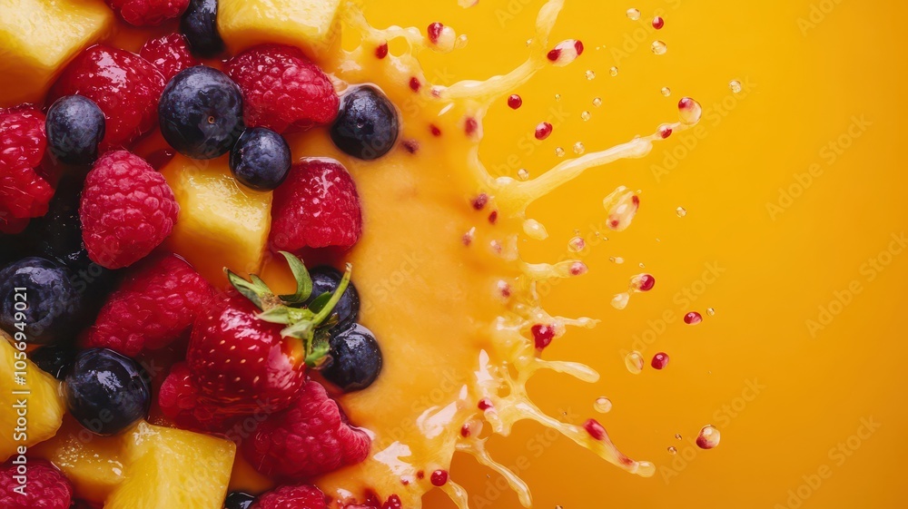 Vibrant smoothie explosion with fresh fruits and a dynamic splash of colorful liquid. Vibrant smoothie explosion with fresh fruits and a dynamic splash of colorful liquid.