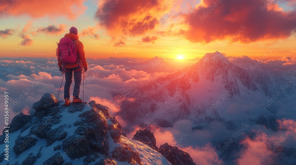 Hiker at sunset on a mountain peak above the clouds. Hiker at sunset on a mountain peak above the clouds.