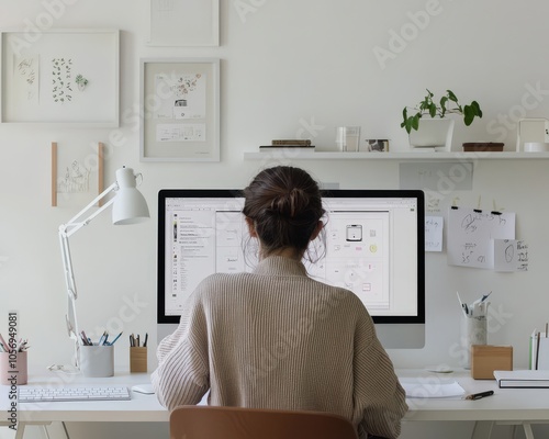 A woman sits at a desk with a computer monitor in front of her