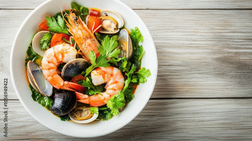 Fresh and Tasty Seafood Dish with Herbs and Vegetables Fresh and Tasty Seafood Dish with Herbs and Vegetables