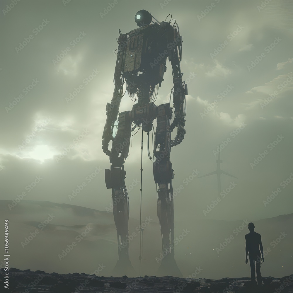 Capture the awe-inspiring sight of a towering robotic figure from a low-angle view using surrealism art techniques Enhance the dystopian ambiance with stark contrasts and eerie lig Capture the awe-inspiring sight of a towering robotic figure from a low-angle view using surrealism art techniques Enhance the dystopian ambiance with stark contrasts and eerie lig