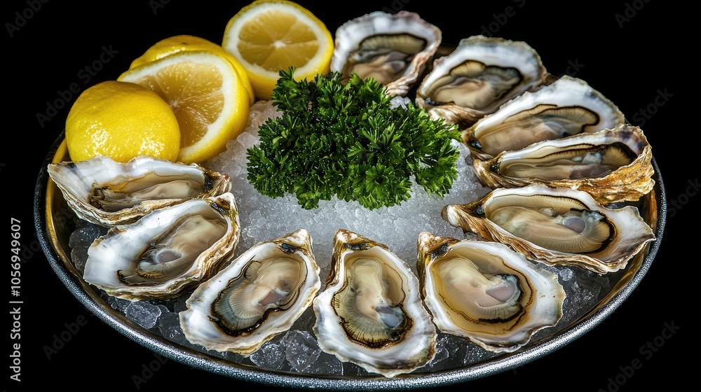Fresh Oysters with Lemons and Garnish on Ice Fresh Oysters with Lemons and Garnish on Ice
