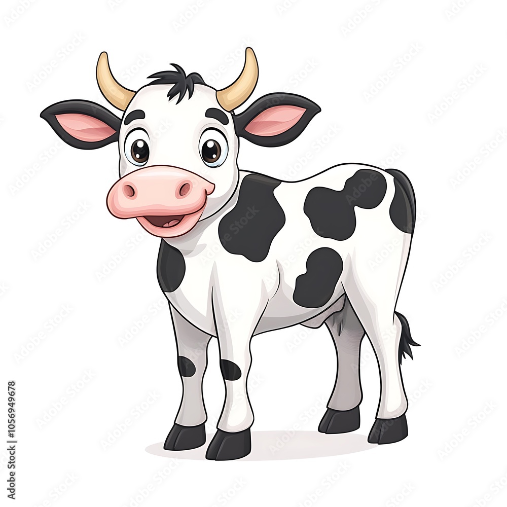 A cartoon cow standing with black spots on a white background. A cartoon cow standing with black spots on a white background.