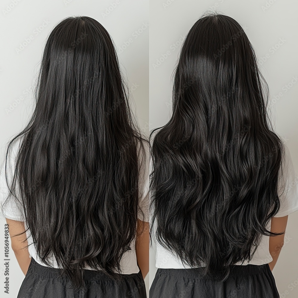 In the photo, there is one model with long-length black hair seen from the back. One side shows her hair frizzy and lacking shine because she hasn’t had a straight perm yet. generative ai In the photo, there is one model with long-length black hair seen from the back. One side shows her hair frizzy and lacking shine because she hasn’t had a straight perm yet. generative ai