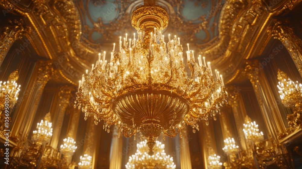 Obraz premium Ornate Gold Chandelier with Crystal Accents in a Gilded Interior